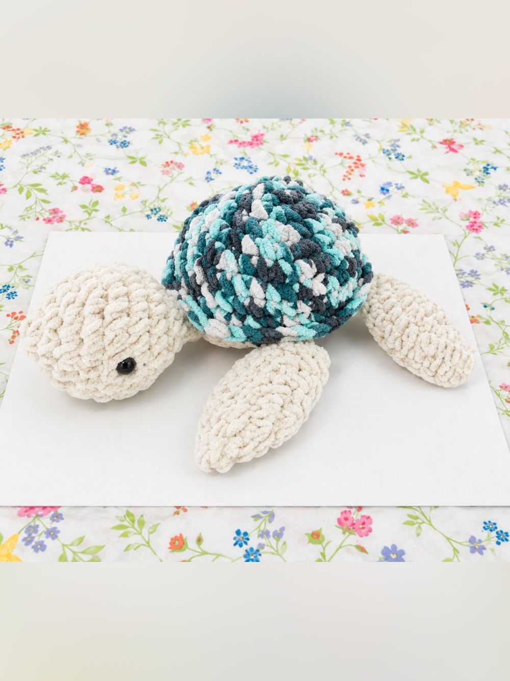 Large Handmade Crochet Turtle Plush - Cream & Teal Shell